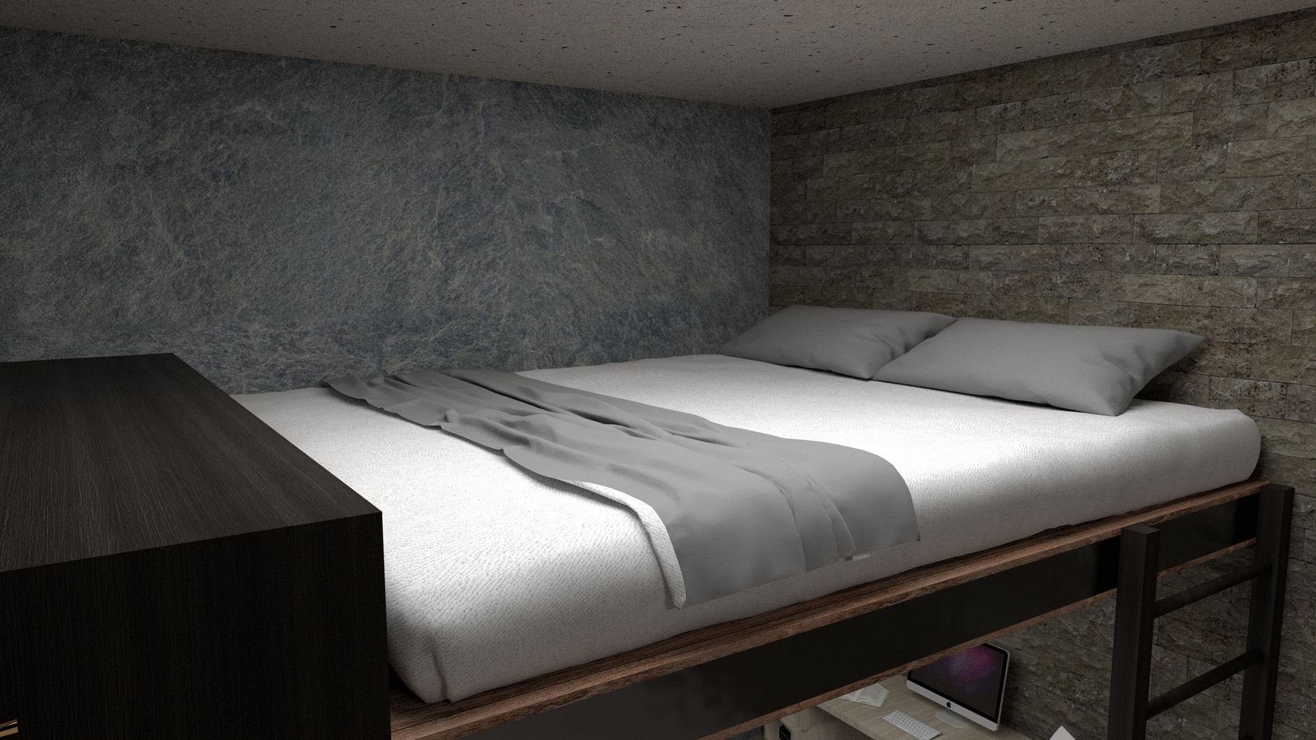 A cozy, minimalist bed with stone wall accent in a modern interior setting.